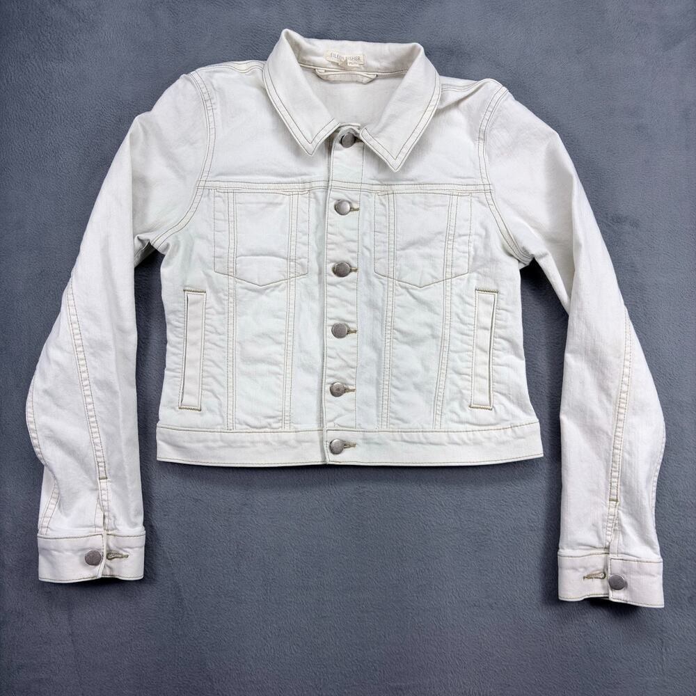 Eileen Fisher Petite Denim Jean Jacket Size S/P Trucker Crop Flap Pockets Button